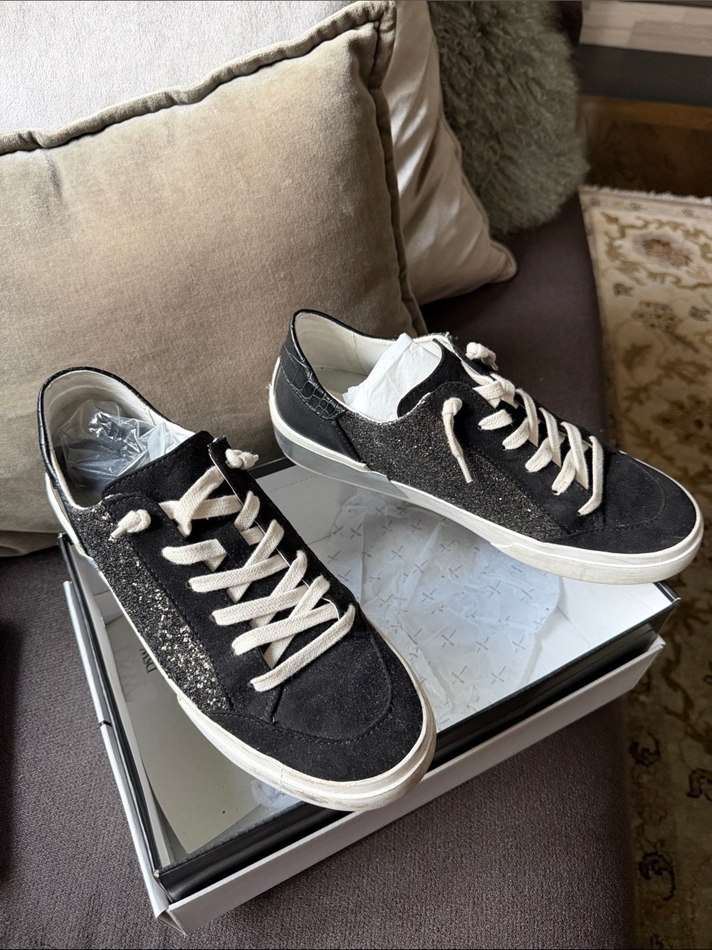 Dolce Vita women’s Black Low-Top Suede and sparkle Sneakers with  Cream Laces